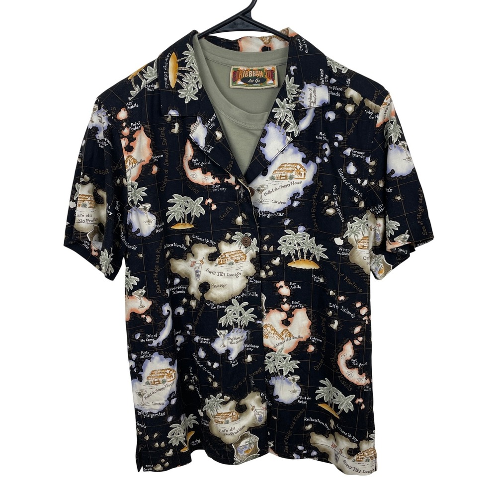 Caribbean Joe Hawaiian Shirt Island Map Tiki Bar Resort Black Women's
